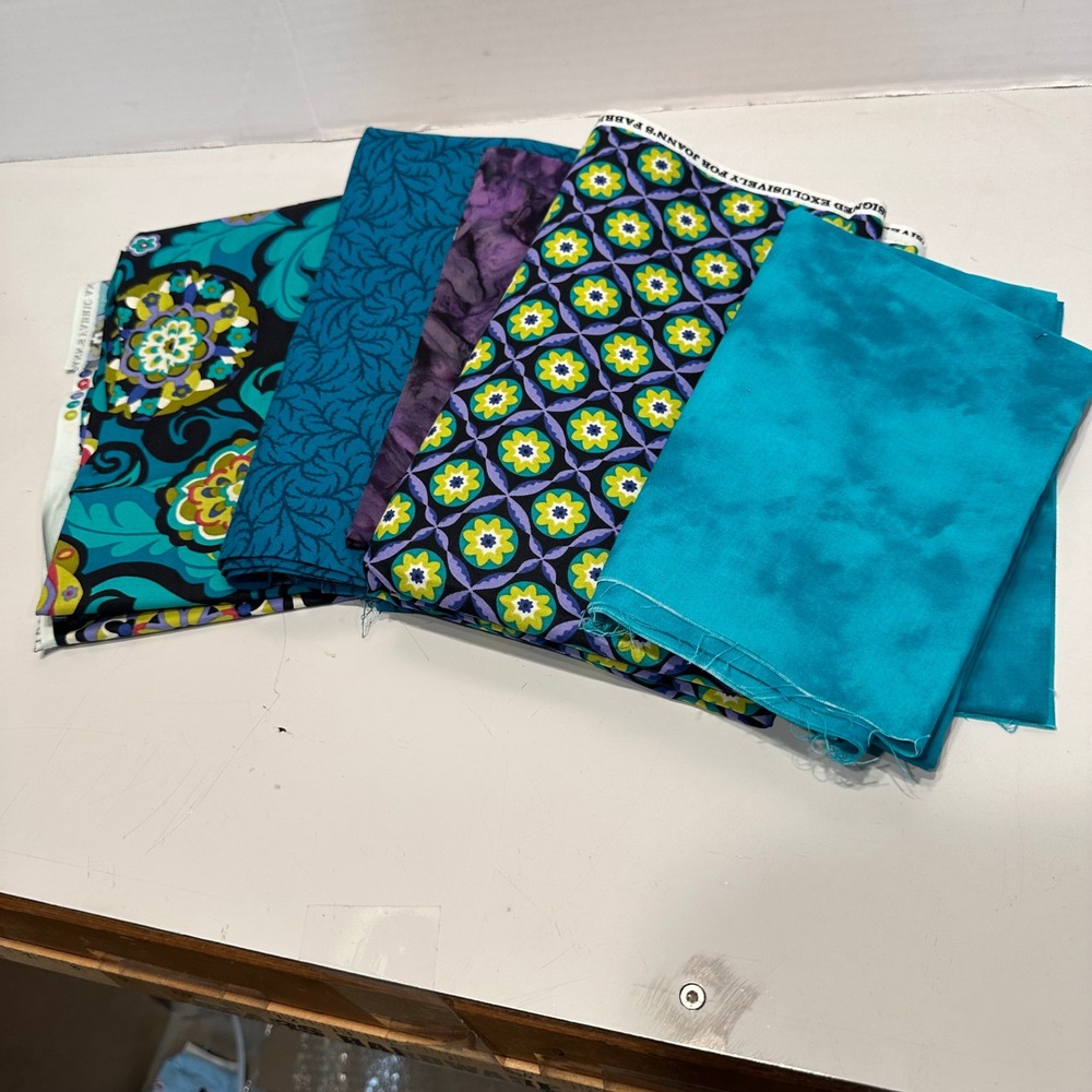 5 Yard Quilting Fabric Bundle Teal Purple Lime Medallion Batik Floral Cotton